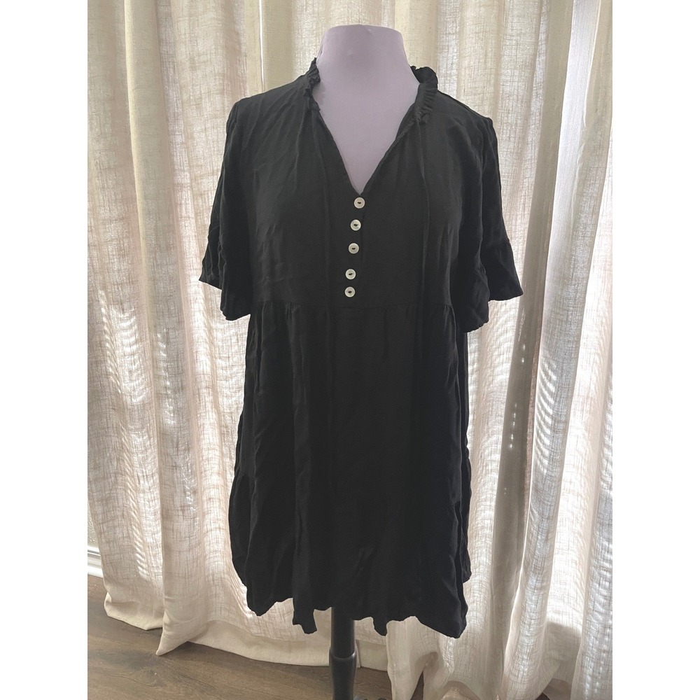 Womens Black Mini Dress Tie Neck Ruffle Trim‎ Short Sleeve Babydoll Style